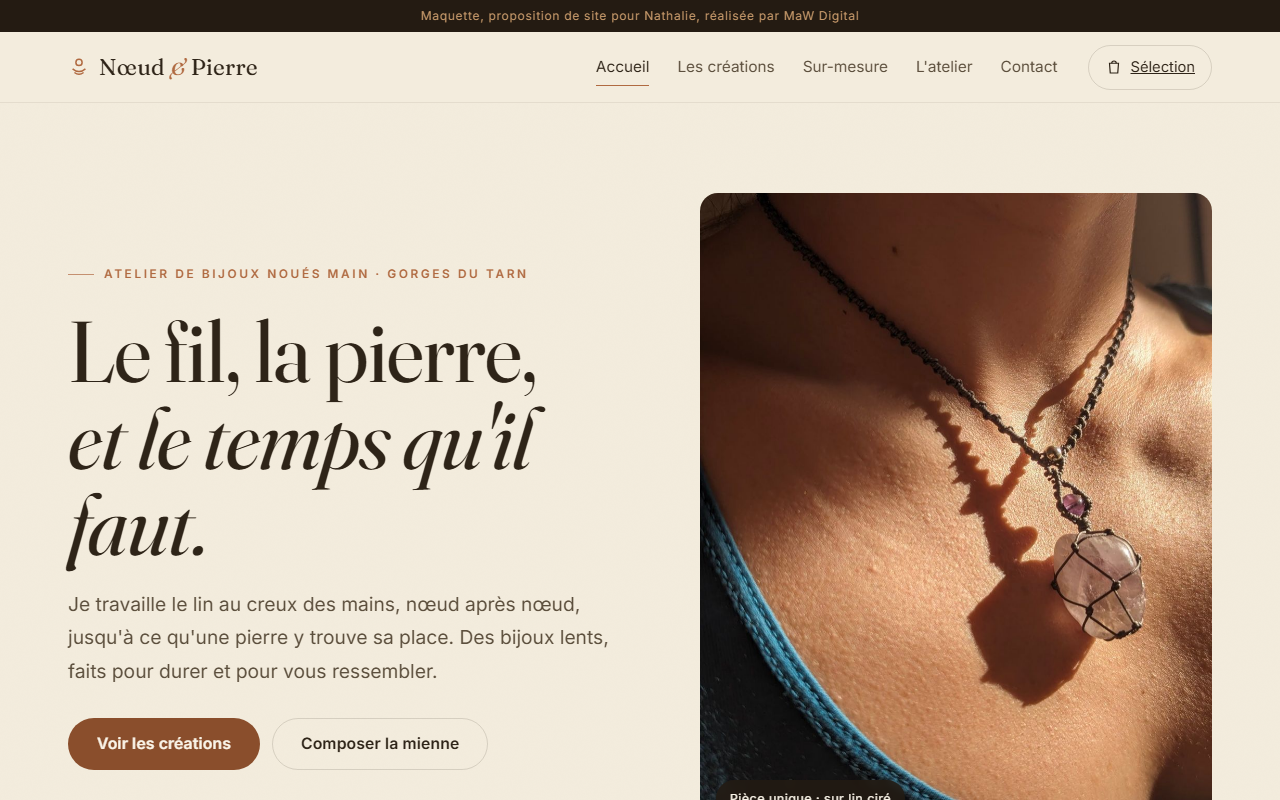 Site de Nœud & Pierre, créatrice de bijoux, réalisé par MaW Digital